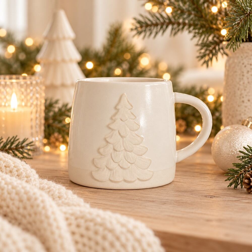 Place & Time Ivory Embossed Christmas Tree Mug